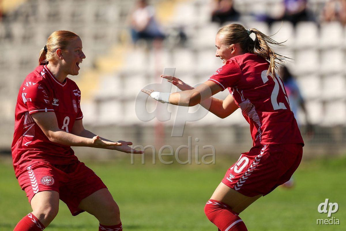 KAKANJ, BOSNIA AND HERZEGOVINA - OCTOBER 7: Alberte Mott and Nikoline Nielsen od Denmark during the UEFA Womens European Under-19 Qualifier match between England and Denmark at Mladost Stadium on October 7, 2026 in Kakanj, Bosnia and Herzegovina.