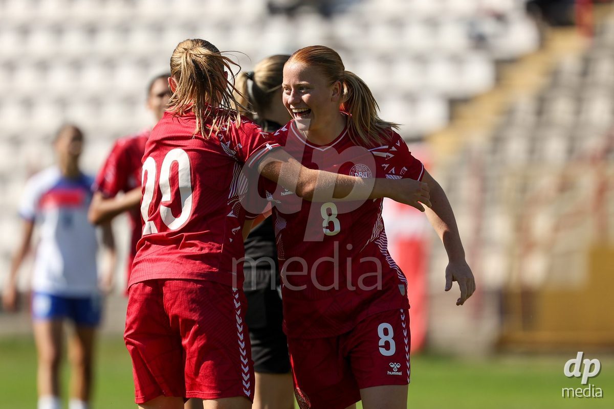 KAKANJ, BOSNIA AND HERZEGOVINA - OCTOBER 7: Alberte Mott and Nikoline Nielsen od Denmark during the UEFA Womens European Under-19 Qualifier match between England and Denmark at Mladost Stadium on October 7, 2026 in Kakanj, Bosnia and Herzegovina.