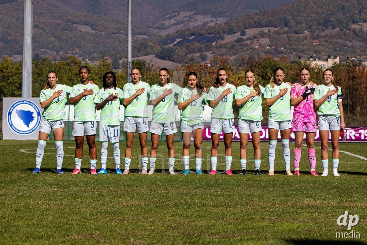 ZENICA, BOSNIA AND HERZEGOVINA - OCTOBER 7: Team of Switzerland Emilia Brunner, Tiffany Vonnez, Garance Nein, Joelle Messerli, Joya Kamber, Laura Kott Luzon, Olivia Edelmann, Liel Rickenbach, Johanna Thüer, Yara Zwyssig and Giulia Looser during the UEFA Womens European Under-19 Qualifier match between Switzerland and Bosnia and Herzegovina at FF BH Football Training Centre on October 7, 2026 in Zenica, Bosnia and Herzegovina.