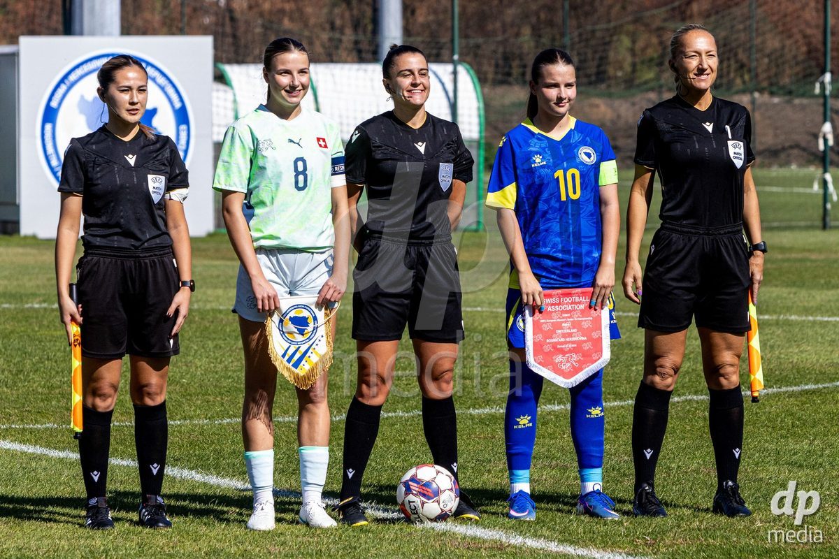 ZENICA, BOSNIA AND HERZEGOVINA - OCTOBER 7: Giulia Looser of Switzerland and Uma Hadzihajdarevic of Bosnia and Herzegovina during the UEFA Womens European Under-19 Qualifier match between Switzerland and Bosnia and Herzegovina at FF BH Football Training Centre on October 7, 2026 in Zenica, Bosnia and Herzegovina.