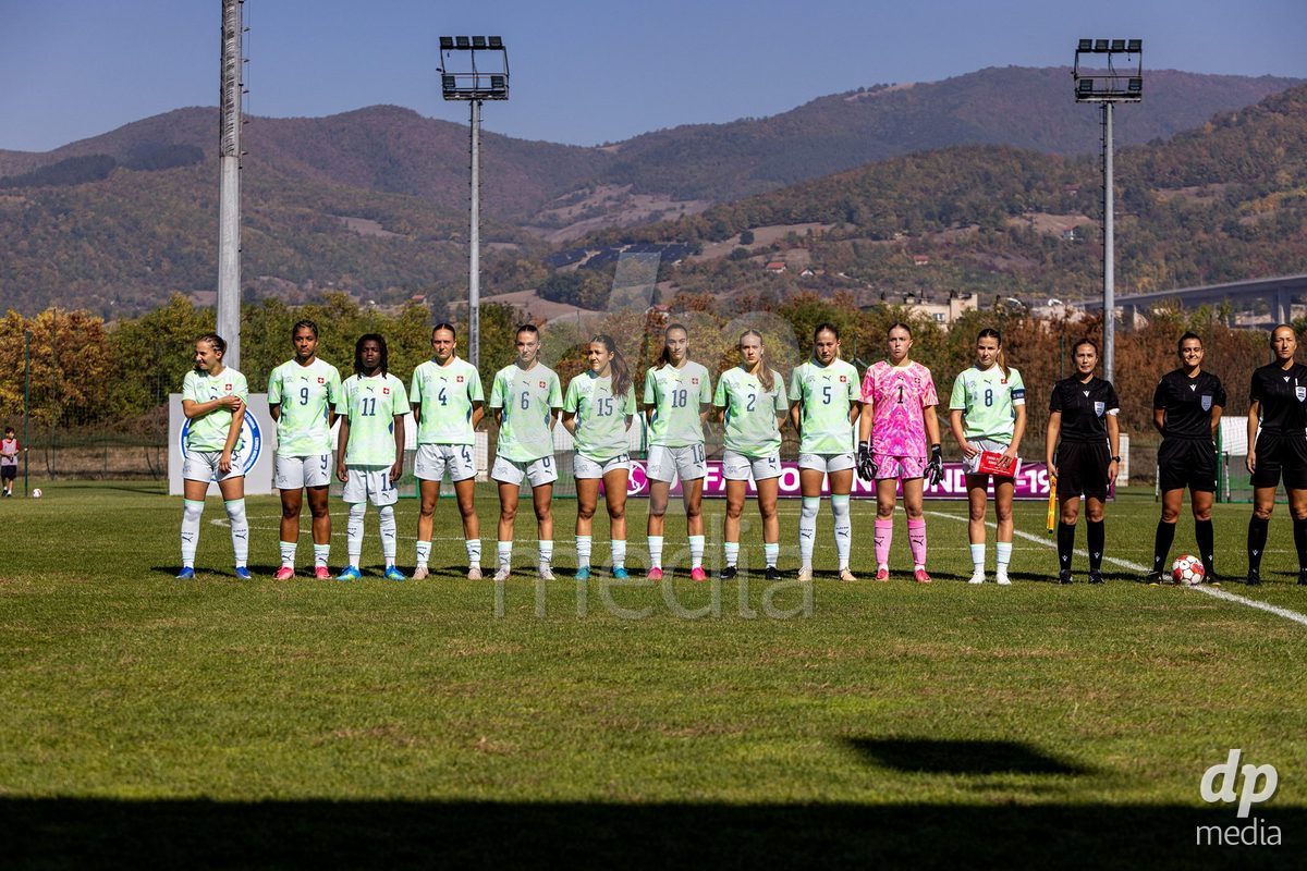 ZENICA, BOSNIA AND HERZEGOVINA - OCTOBER 7: Team of Switzerland Emilia Brunner, Tiffany Vonnez, Garance Nein, Joelle Messerli, Joya Kamber, Laura Kott Luzon, Olivia Edelmann, Liel Rickenbach, Johanna Thüer, Yara Zwyssig and Giulia Looser during the UEFA Womens European Under-19 Qualifier match between Switzerland and Bosnia and Herzegovina at FF BH Football Training Centre on October 7, 2026 in Zenica, Bosnia and Herzegovina.