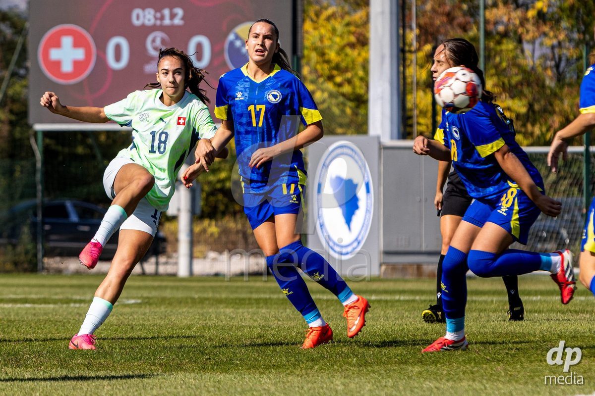 ZENICA, BOSNIA AND HERZEGOVINA - OCTOBER 7: Olivia Edelmann of Switzerland and Amina Krpo of Bosnia and Herzegovina during the UEFA Womens European Under-19 Qualifier match between Switzerland and Bosnia and Herzegovina at FF BH Football Training Centre on October 7, 2026 in Zenica, Bosnia and Herzegovina.