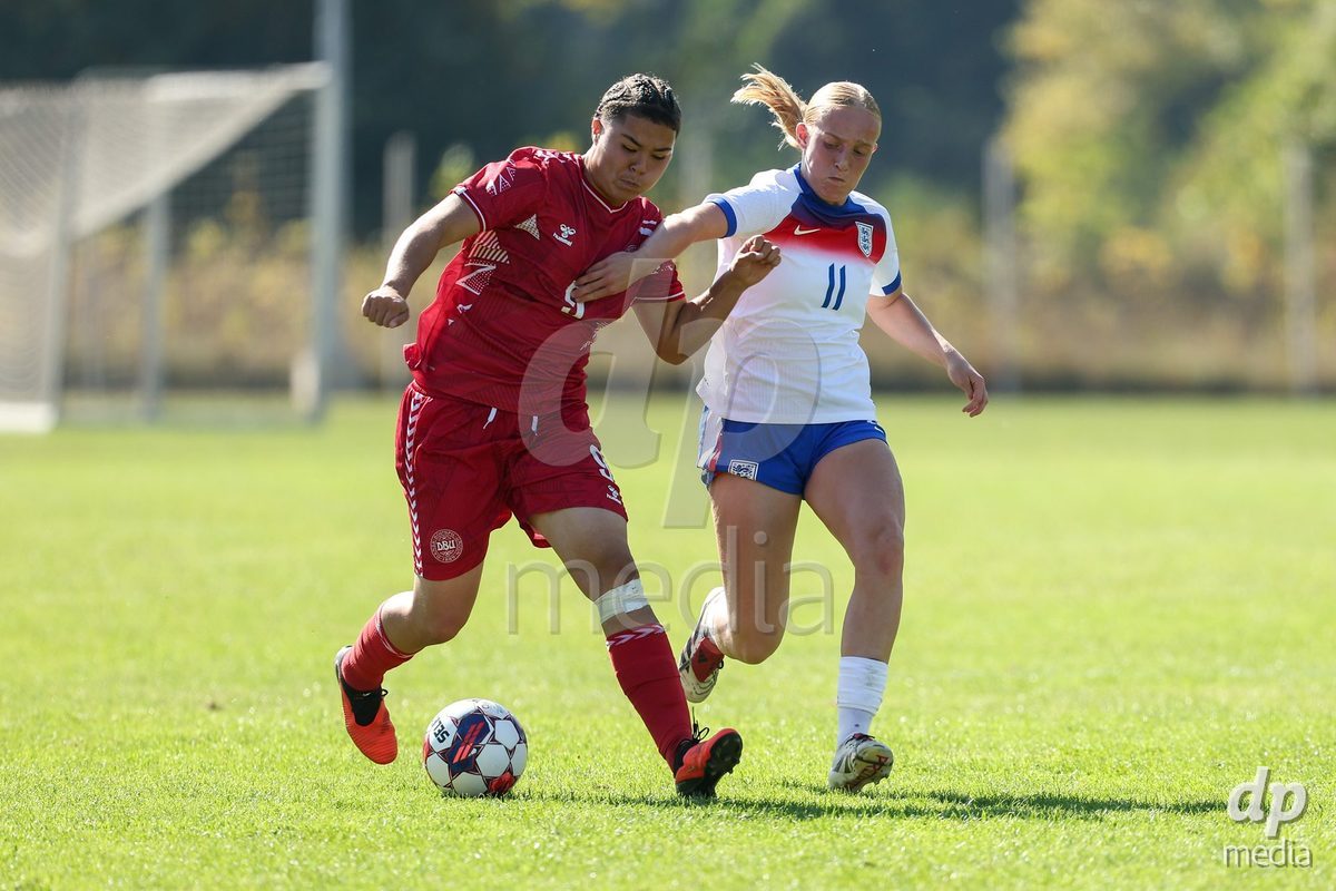 KAKANJ, BOSNIA AND HERZEGOVINA - OCTOBER 7: Thea Petersen of Denmark and Phoebe De Bohan of England during the UEFA Womens European Under-19 Qualifier match between England and Denmark at Mladost Stadium on October 7, 2026 in Kakanj, Bosnia and Herzegovina.