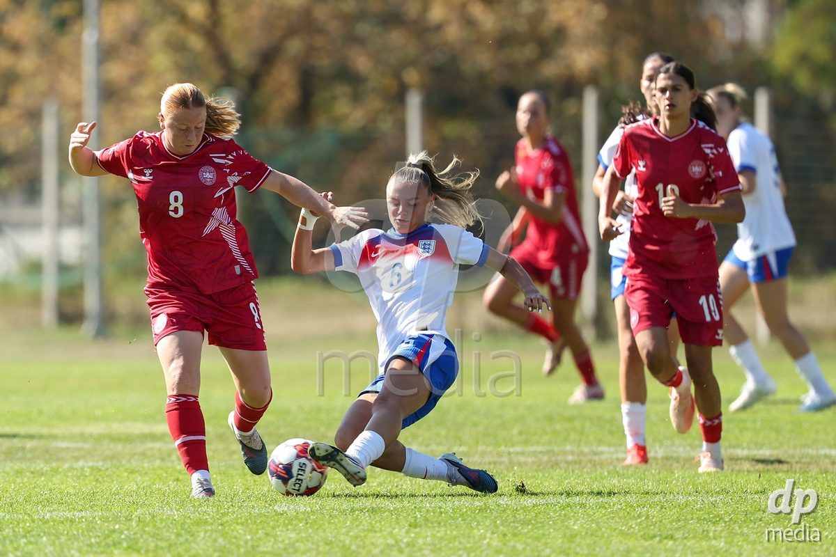 KAKANJ, BOSNIA AND HERZEGOVINA - OCTOBER 7: Alberte Mott of Denmark and Zara Bailey of England during the UEFA Womens European Under-19 Qualifier match between England and Denmark at Mladost Stadium on October 7, 2026 in Kakanj, Bosnia and Herzegovina.
