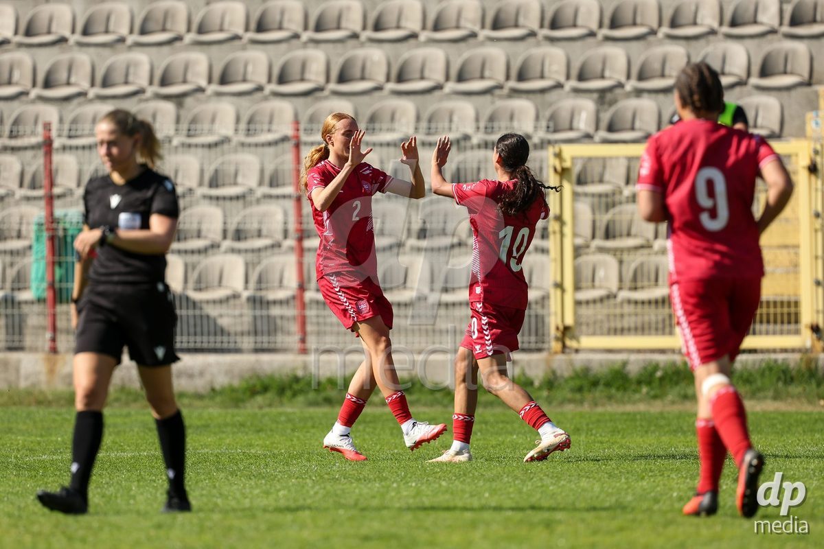 KAKANJ, BOSNIA AND HERZEGOVINA - OCTOBER 7: Asta Kynde and Mila Bischoff of Denmark during the UEFA Womens European Under-19 Qualifier match between England and Denmark at Mladost Stadium on October 7, 2026 in Kakanj, Bosnia and Herzegovina.