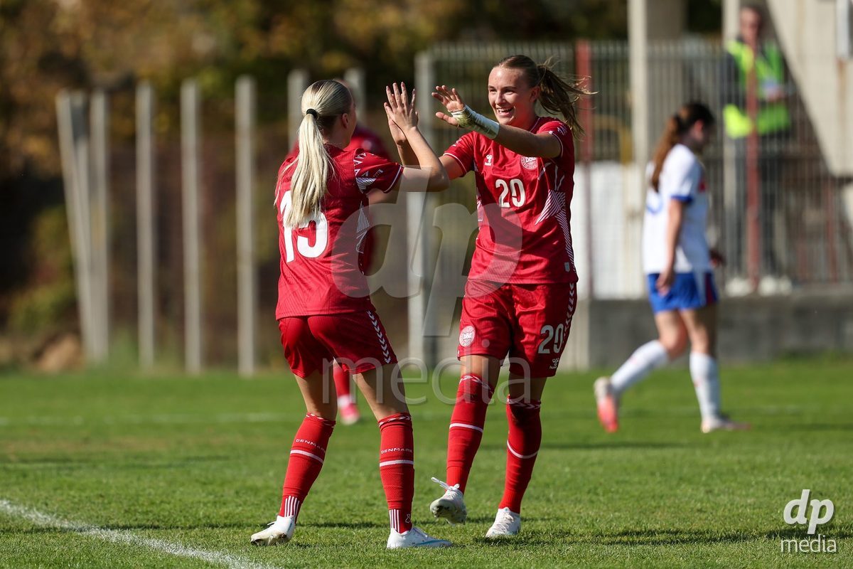 KAKANJ, BOSNIA AND HERZEGOVINA - OCTOBER 7: Nikoline Nielsen and Frederikke Ludvigsen of Denmark during the UEFA Womens European Under-19 Qualifier match between England and Denmark at Mladost Stadium on October 7, 2026 in Kakanj, Bosnia and Herzegovina.