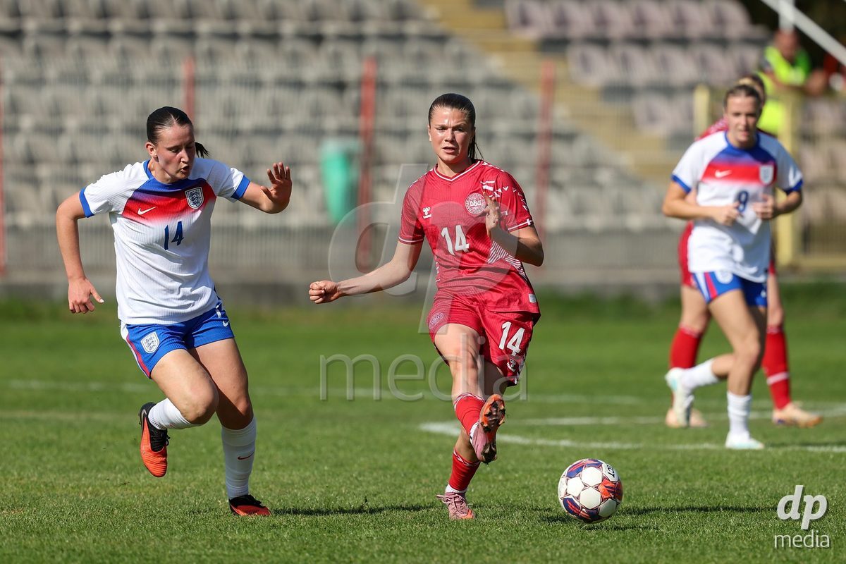 KAKANJ, BOSNIA AND HERZEGOVINA - OCTOBER 7: Gabriella Storey of England and Nicoline Jorgensen Klintskov of Denmark during the UEFA Womens European Under-19 Qualifier match between England and Denmark at Mladost Stadium on October 7, 2026 in Kakanj, Bosnia and Herzegovina.