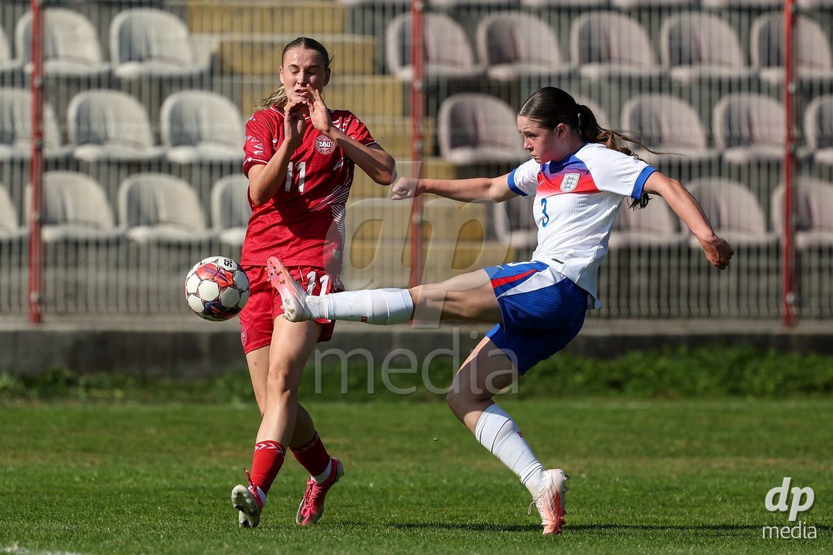 KAKANJ, BOSNIA AND HERZEGOVINA - OCTOBER 7: Andrea Thierry of Denmark and Katie Scott of England during the UEFA Womens European Under-19 Qualifier match between England and Denmark at Mladost Stadium on October 7, 2026 in Kakanj, Bosnia and Herzegovina.