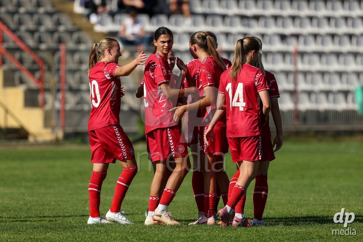 KAKANJ, BOSNIA AND HERZEGOVINA - OCTOBER 7: Nikoline Nielsen and Mila Bischoff of Denmark during the UEFA Womens European Under-19 Qualifier match between England and Denmark at Mladost Stadium on October 7, 2026 in Kakanj, Bosnia and Herzegovina.