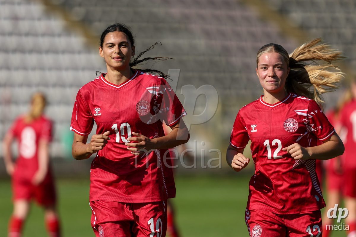 KAKANJ, BOSNIA AND HERZEGOVINA - OCTOBER 7: Mila Bischoff and Evelina Thygesen of Denmark during the UEFA Womens European Under-19 Qualifier match between England and Denmark at Mladost Stadium on October 7, 2026 in Kakanj, Bosnia and Herzegovina.
