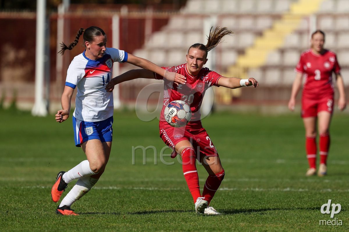 KAKANJ, BOSNIA AND HERZEGOVINA - OCTOBER 7: Gabriella Storey of England and Nikoline Nielsen of Denmark during the UEFA Womens European Under-19 Qualifier match between England and Denmark at Mladost Stadium on October 7, 2026 in Kakanj, Bosnia and Herzegovina.