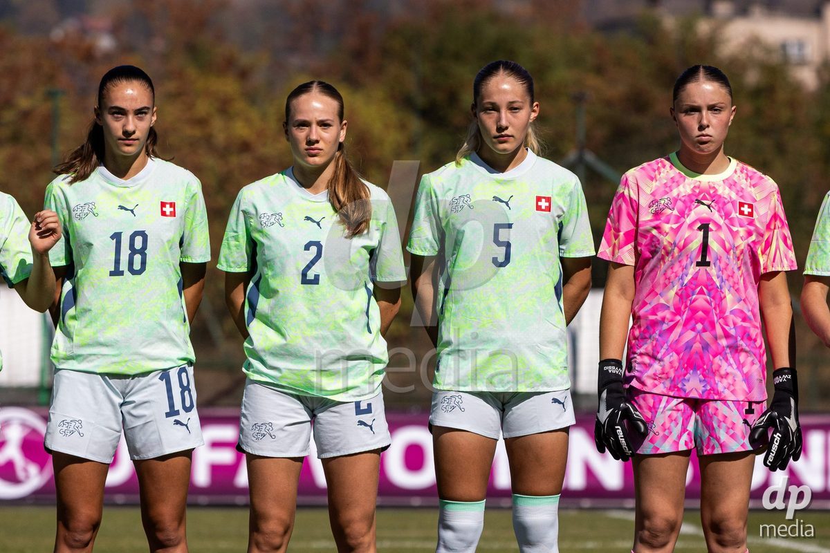 ZENICA, BOSNIA AND HERZEGOVINA - OCTOBER 7: Olivia Edelmann, Liel Rickenbach, Johanna Thüer and Yara Zwyssig  of Switzerland during the UEFA Womens European Under-19 Qualifier match between Switzerland and Bosnia and Herzegovina at FF BH Football Training Centre on October 7, 2026 in Zenica, Bosnia and Herzegovina.