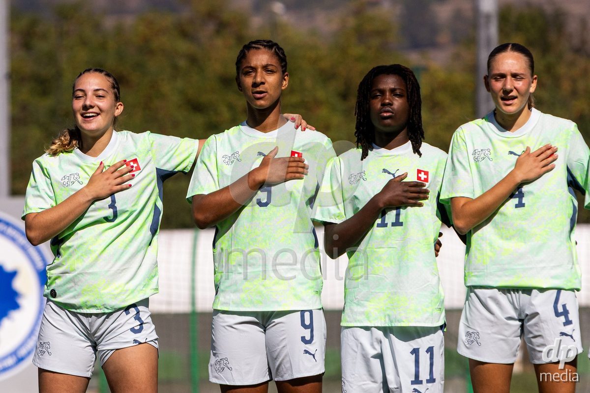 ZENICA, BOSNIA AND HERZEGOVINA - OCTOBER 7: Emilia Brunner, Tiffany Vonnez, Garance Nein and Joelle Messerli of Switzerland during the UEFA Womens European Under-19 Qualifier match between Switzerland and Bosnia and Herzegovina at FF BH Football Training Centre on October 7, 2026 in Zenica, Bosnia and Herzegovina.