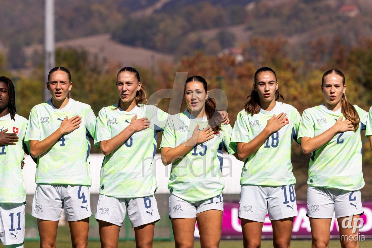 ZENICA, BOSNIA AND HERZEGOVINA - OCTOBER 7: Joelle Messerli, Joya Kamber, Laura Kott Luzon, Olivia Edelmann and Liel Rickenbach  of Switzerland during the UEFA Womens European Under-19 Qualifier match between Switzerland and Bosnia and Herzegovina at FF BH Football Training Centre on October 7, 2026 in Zenica, Bosnia and Herzegovina.