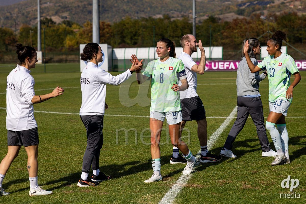 ZENICA, BOSNIA AND HERZEGOVINA - OCTOBER 7: Giulia Looser and Soraya Awa Bandia of Switzerland during the UEFA Womens European Under-19 Qualifier match between Switzerland and Bosnia and Herzegovina at FF BH Football Training Centre on October 7, 2026 in Zenica, Bosnia and Herzegovina.