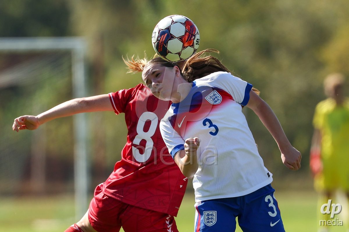 KAKANJ, BOSNIA AND HERZEGOVINA - OCTOBER 7: Katie Scott of England and Alberte Mott of Denmark during the UEFA Womens European Under-19 Qualifier match between England and Denmark at Mladost Stadium on October 7, 2026 in Kakanj, Bosnia and Herzegovina.