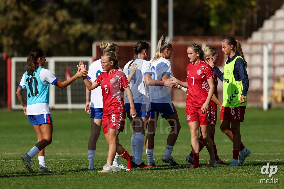 KAKANJ, BOSNIA AND HERZEGOVINA - OCTOBER 7: Astrid Engsig-Karup, Nellie Mulvad Gejel and Josephine Behrmann Lamp of Denmark during the UEFA Womens European Under-19 Qualifier match between England and Denmark at Mladost Stadium on October 7, 2026 in Kakanj, Bosnia and Herzegovina.