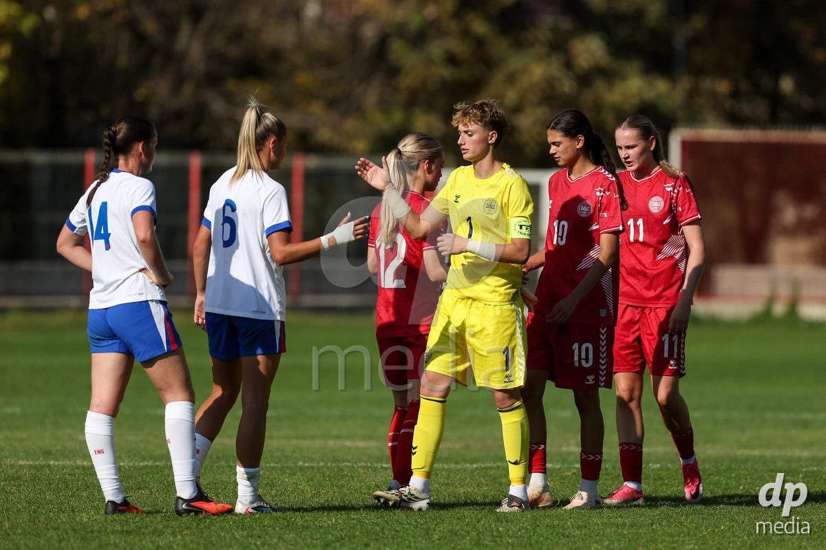 KAKANJ, BOSNIA AND HERZEGOVINA - OCTOBER 7: Isabella Damm, Mila Bischoff and Andrea Thierry of Denmark during the UEFA Womens European Under-19 Qualifier match between England and Denmark at Mladost Stadium on October 7, 2026 in Kakanj, Bosnia and Herzegovina.