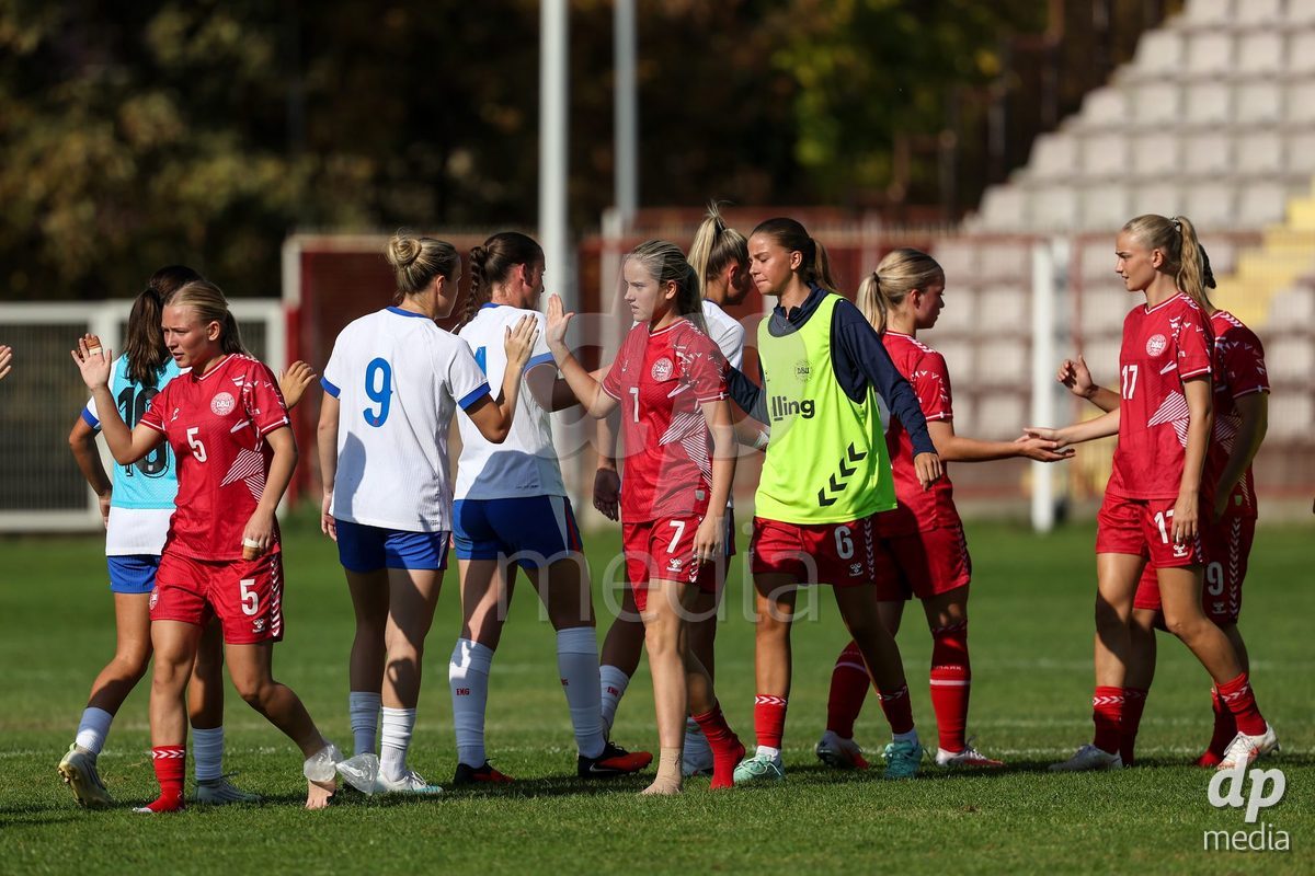 KAKANJ, BOSNIA AND HERZEGOVINA - OCTOBER 7: Astrid Engsig-Karup, Nellie Mulvad Gejel, Josephine Behrmann Lamp and Mille Kjaergaard of Denmark during the UEFA Womens European Under-19 Qualifier match between England and Denmark at Mladost Stadium on October 7, 2026 in Kakanj, Bosnia and Herzegovina.
