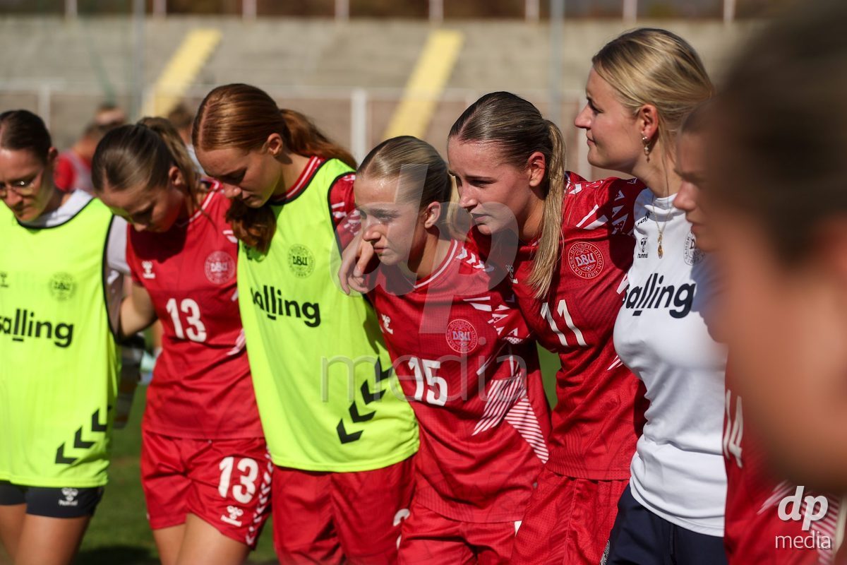 KAKANJ, BOSNIA AND HERZEGOVINA - OCTOBER 7: Frederikke Ludvigsen and Andrea Thierry of Denmark during the UEFA Womens European Under-19 Qualifier match between England and Denmark at Mladost Stadium on October 7, 2026 in Kakanj, Bosnia and Herzegovina.