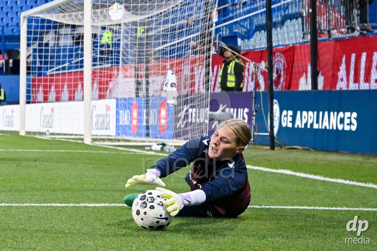 MONTREAL, CANADA - OCTOBER 9: Goalkeeper of Denmark during warm up prior to the International Women's Friendly football match between Canada and Denmark at Stade Saputo on October 9, 2026 in Montreal, Canada.