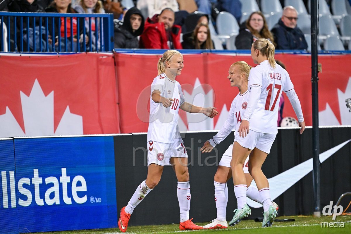 MONTREAL, CANADA - OCTOBER 9: Pernille Harder of Denmark celebrates with teammates after scoring her teams first goal during the International Women's Friendly football match between Canada and Denmark at Stade Saputo on October 9, 2026 in Montreal, Canada.