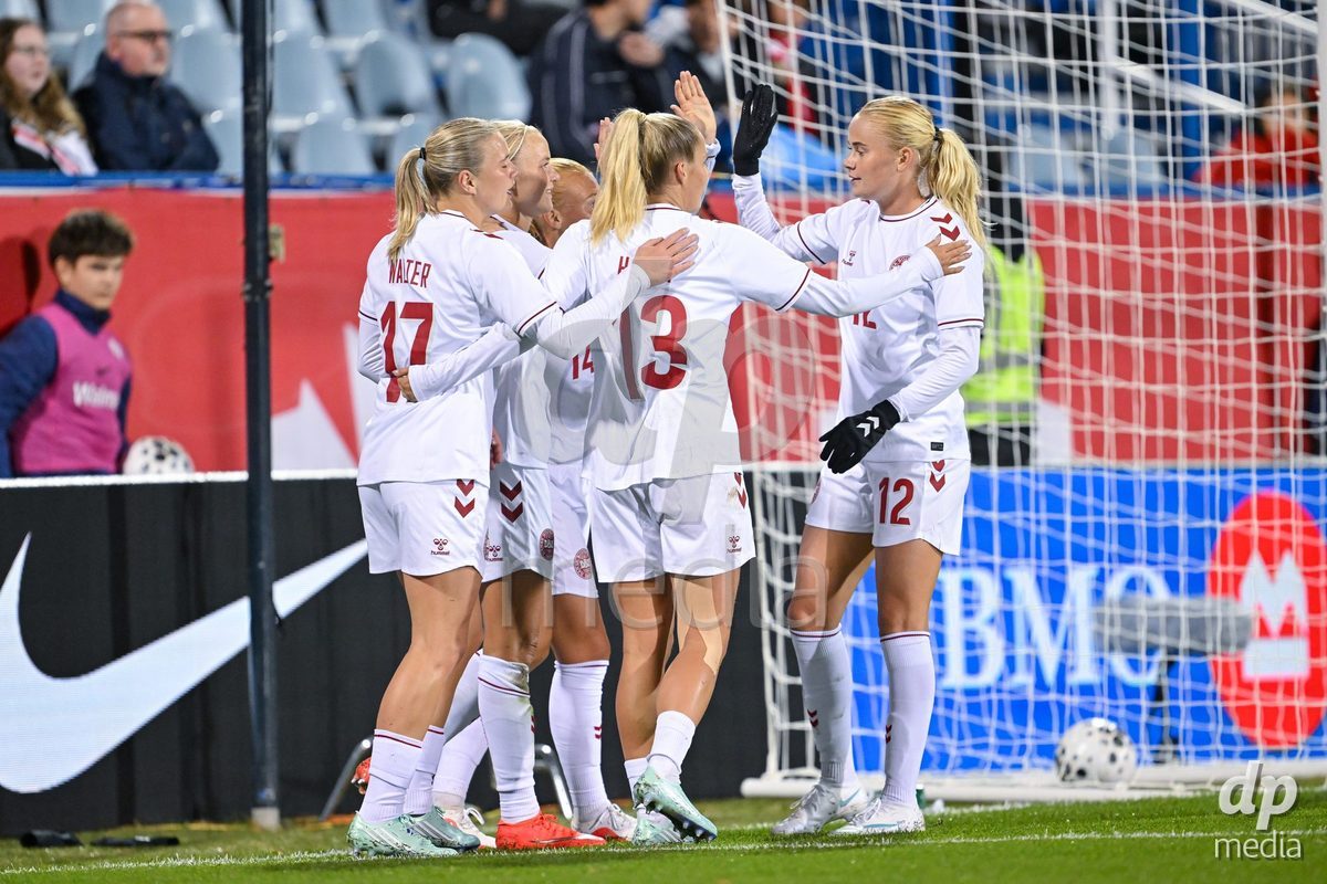 MONTREAL, CANADA - OCTOBER 9: Pernille Harder of Denmark celebrates with teammates after scoring her teams first goal during the International Women's Friendly football match between Canada and Denmark at Stade Saputo on October 9, 2026 in Montreal, Canada.