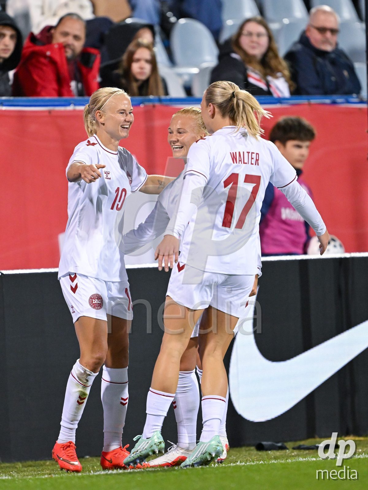 MONTREAL, CANADA - OCTOBER 9: Pernille Harder of Denmark celebrates with teammates after scoring her teams first goal during the International Women's Friendly football match between Canada and Denmark at Stade Saputo on October 9, 2026 in Montreal, Canada.