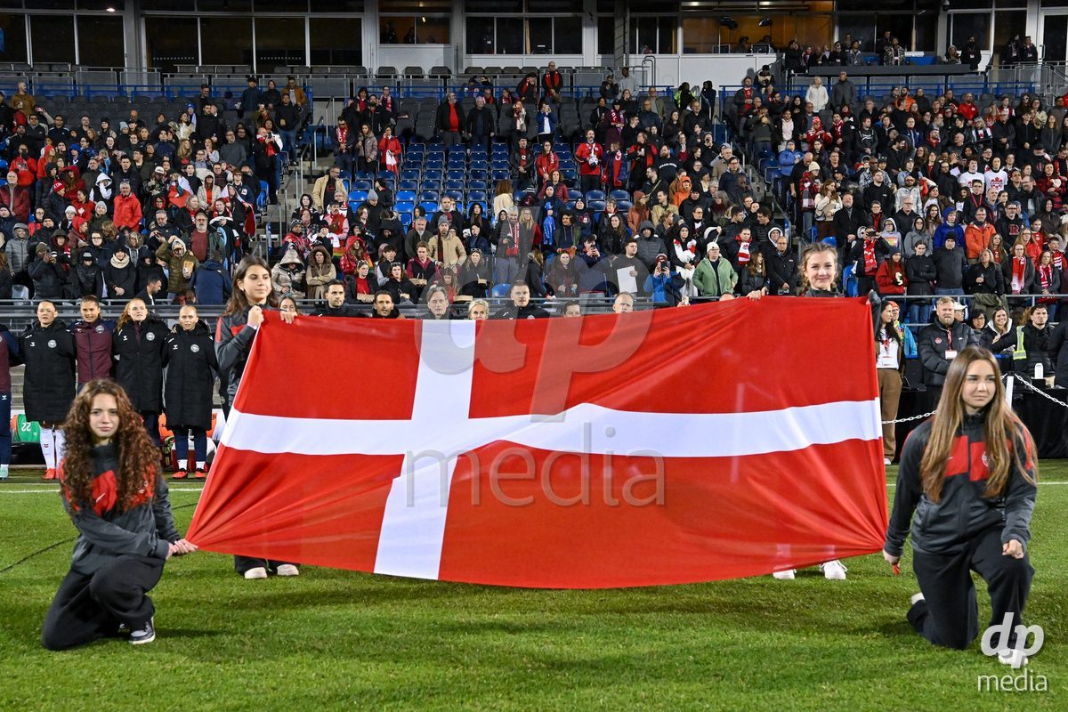 MONTREAL, CANADA - OCTOBER 9: Players of Denmark walk in for the national anthem prior to the International Women's Friendly football match between Canada and Denmark at Stade Saputo on October 9, 2026 in Montreal, Canada.