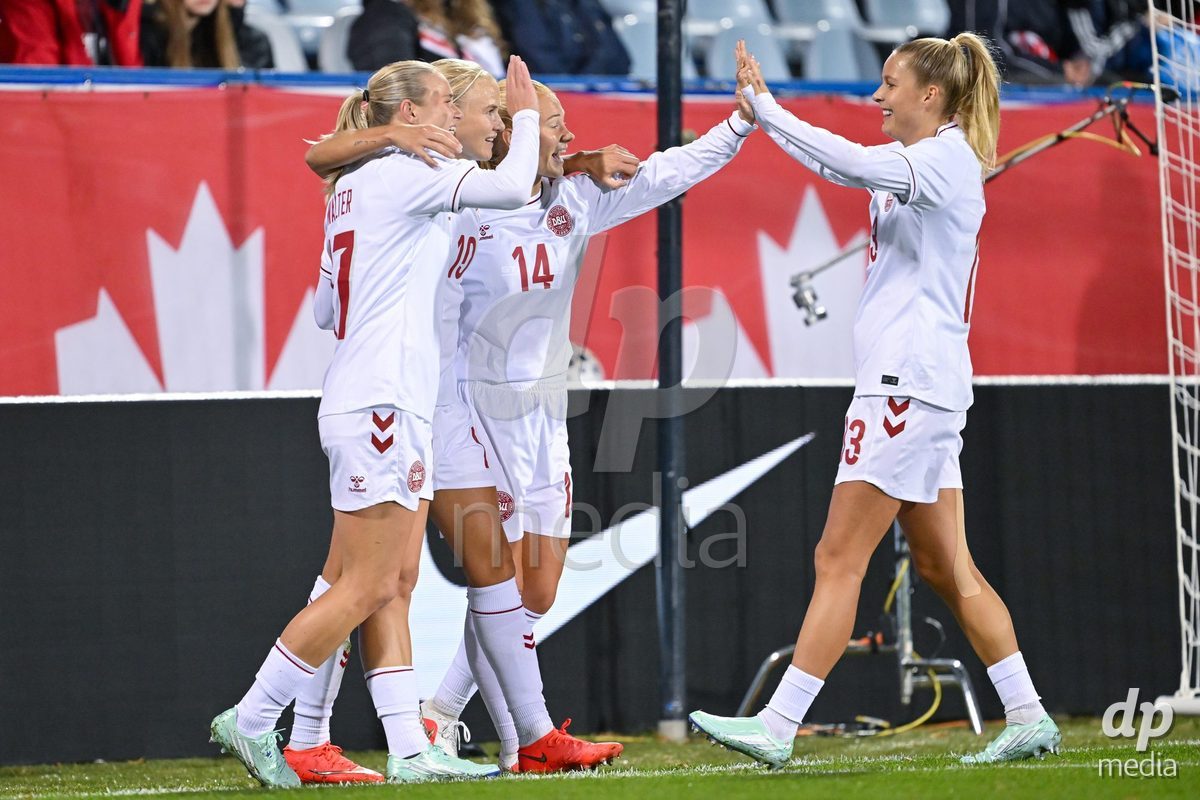 MONTREAL, CANADA - OCTOBER 9: Pernille Harder of Denmark celebrates with teammates after scoring her teams first goal during the International Women's Friendly football match between Canada and Denmark at Stade Saputo on October 9, 2026 in Montreal, Canada.