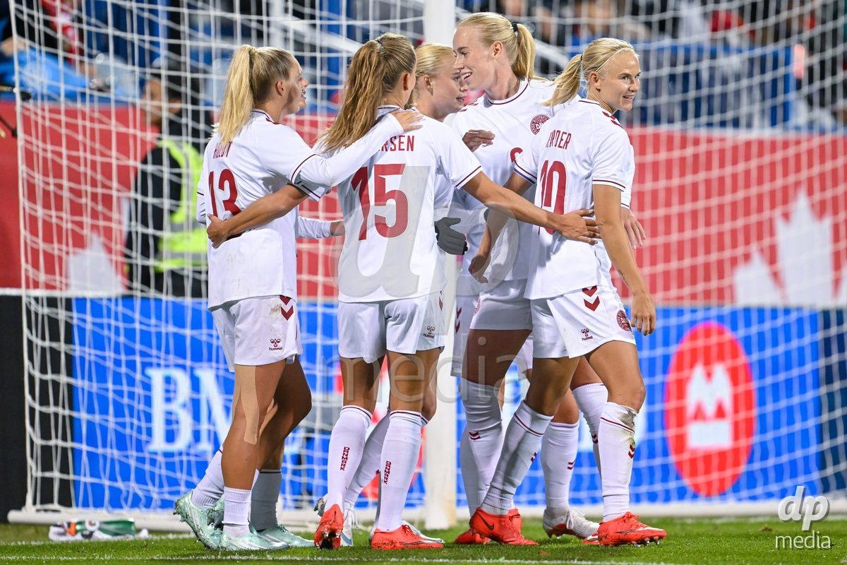 MONTREAL, CANADA - OCTOBER 9: Pernille Harder of Denmark celebrates with teammates after scoring her teams first goal during the International Women's Friendly football match between Canada and Denmark at Stade Saputo on October 9, 2026 in Montreal, Canada.