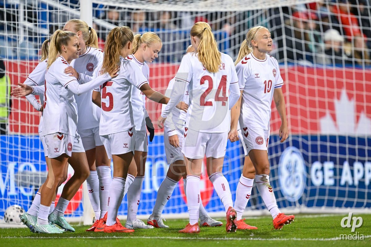 MONTREAL, CANADA - OCTOBER 9: Pernille Harder of Denmark celebrates with teammates after scoring her teams first goal during the International Women's Friendly football match between Canada and Denmark at Stade Saputo on October 9, 2026 in Montreal, Canada.