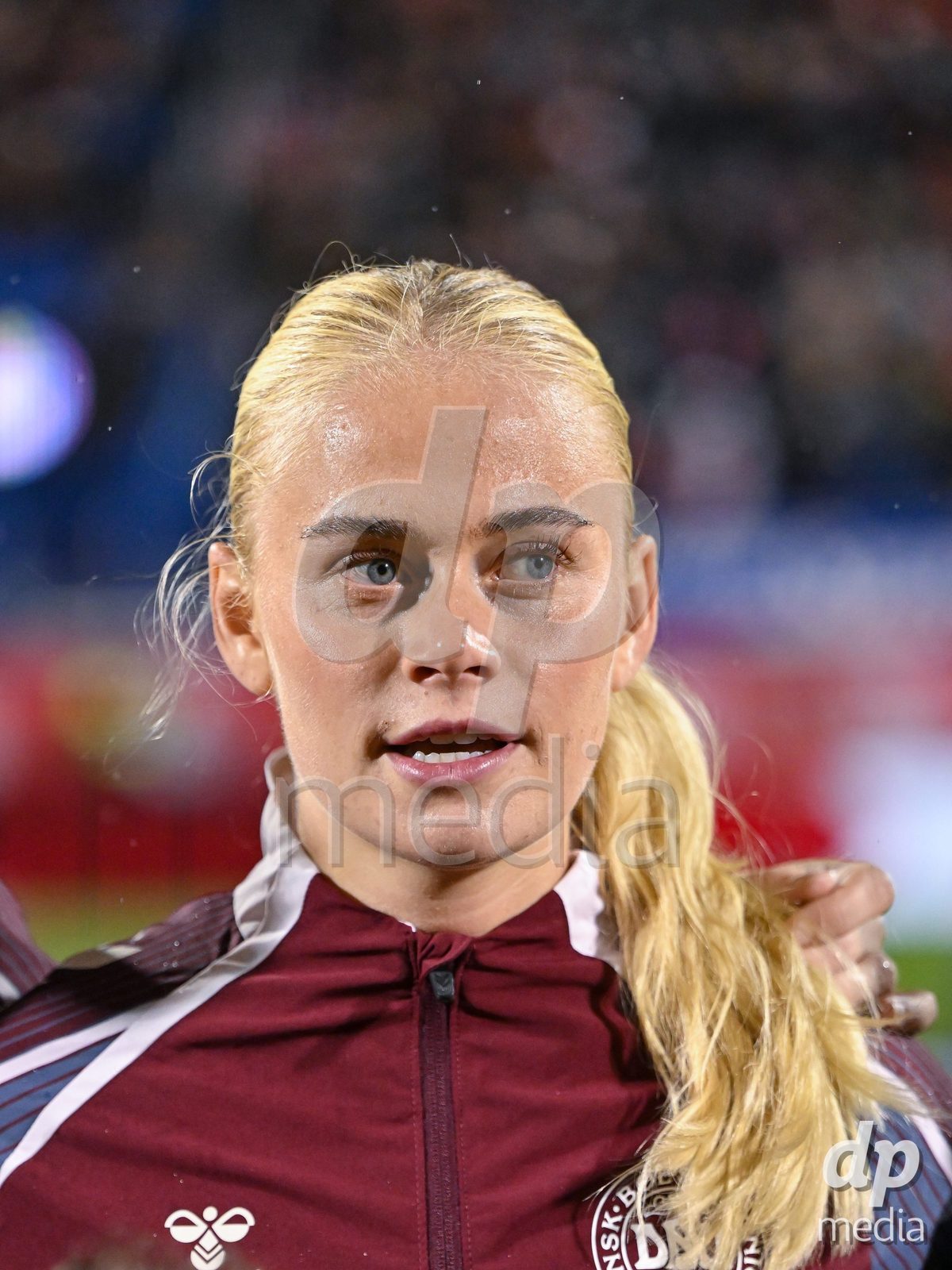 MONTREAL, CANADA - OCTOBER 9: Kathrine Kühl (Kuhl) of Denmark during the national anthem prior to the International Women's Friendly football match between Canada and Denmark at Stade Saputo on October 9, 2026 in Montreal, Canada.