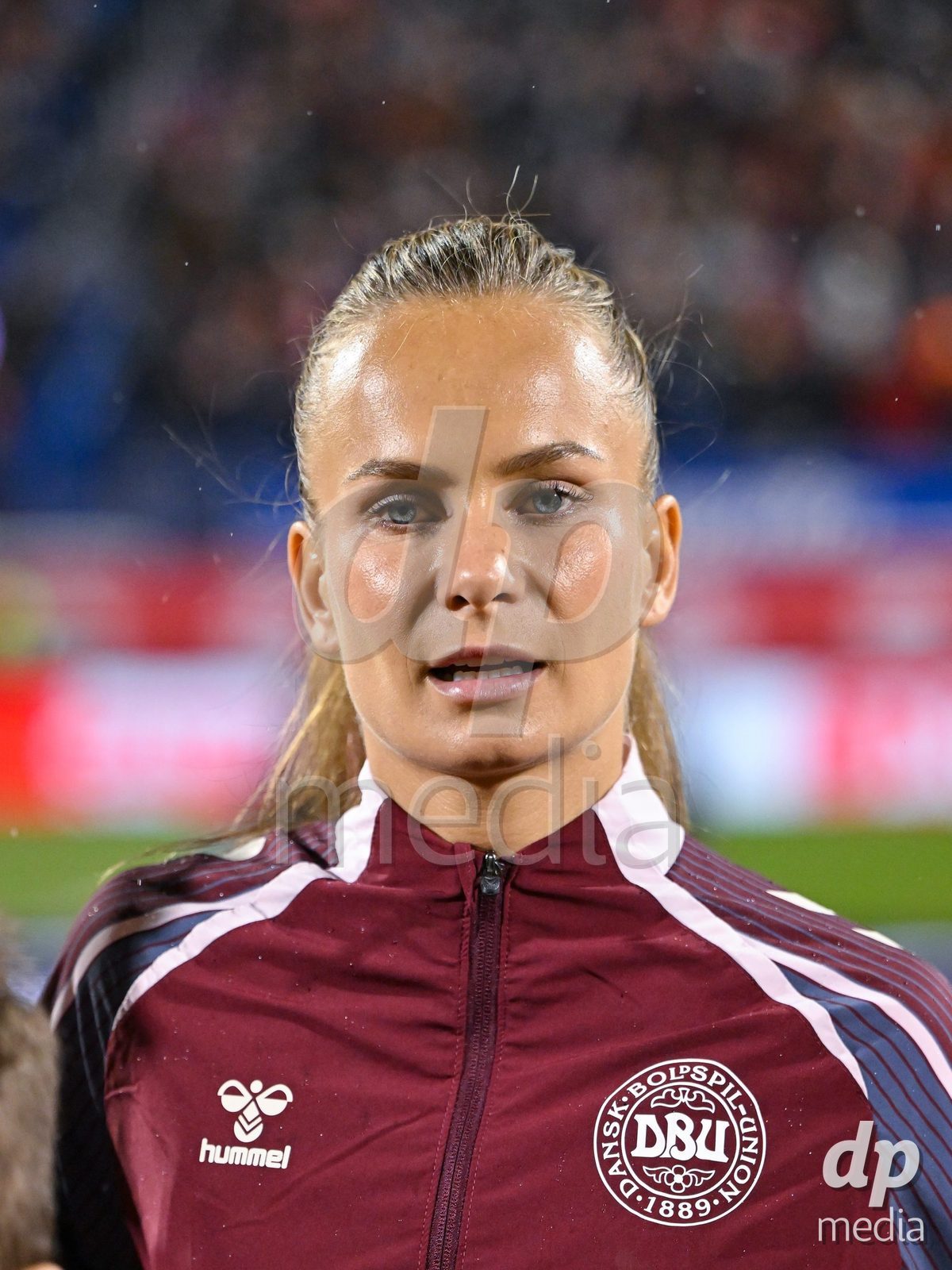 MONTREAL, CANADA - OCTOBER 9: Frederikke Thogersen of Denmark during the national anthem prior to the International Women's Friendly football match between Canada and Denmark at Stade Saputo on October 9, 2026 in Montreal, Canada.
