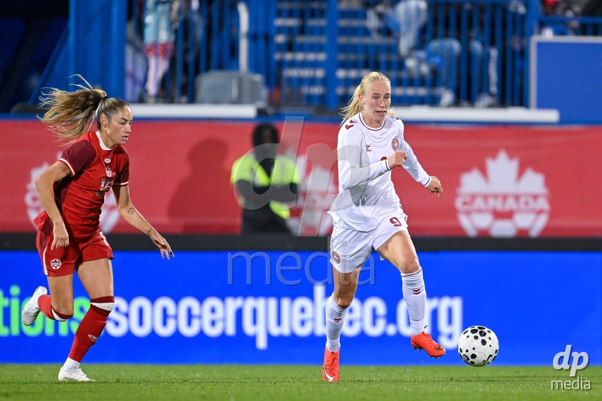MONTREAL, CANADA - OCTOBER 9: Amalie Vangsgaard of Denmark (R9 goes forward during the International Women's Friendly football match between Canada and Denmark at Stade Saputo on October 9, 2026 in Montreal, Canada.