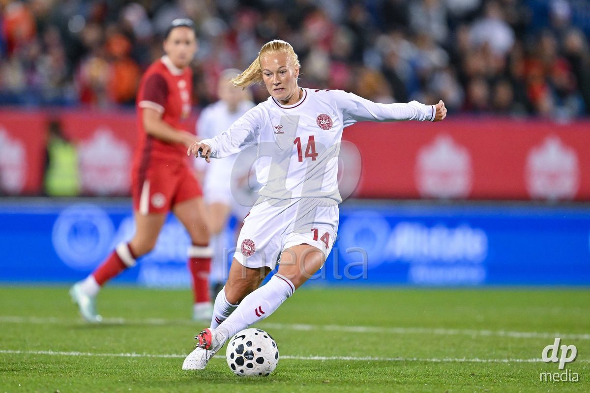 MONTREAL, CANADA - OCTOBER 9: Sofie Bredgaard of Denmark controls the ball during the International Women's Friendly football match between Canada and Denmark at Stade Saputo on October 9, 2026 in Montreal, Canada.