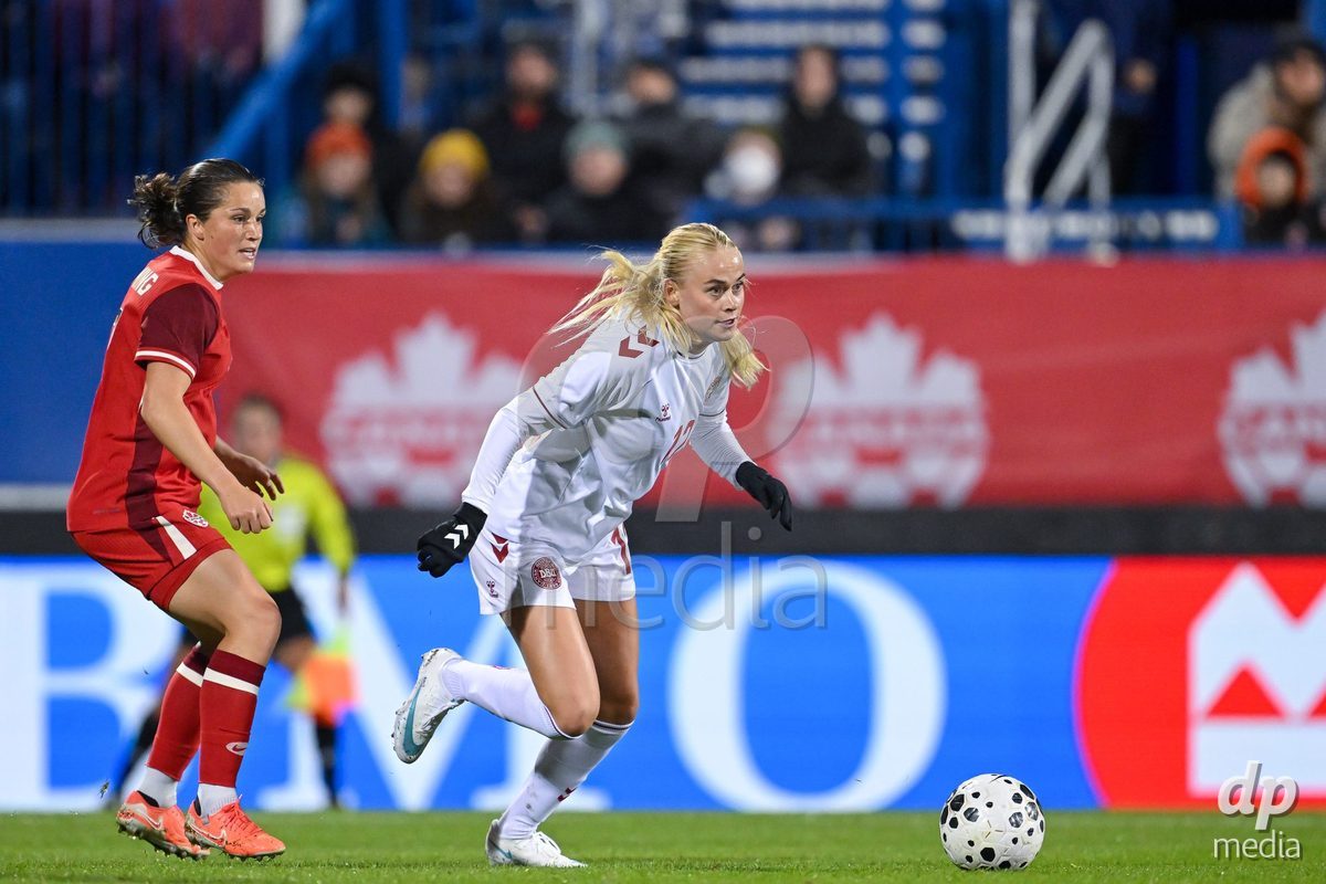 MONTREAL, CANADA - OCTOBER 9: Kathrine Kühl (Kuhl) of Denmark controls the ball  during the International Women's Friendly football match between Canada and Denmark at Stade Saputo on October 9, 2026 in Montreal, Canada.
