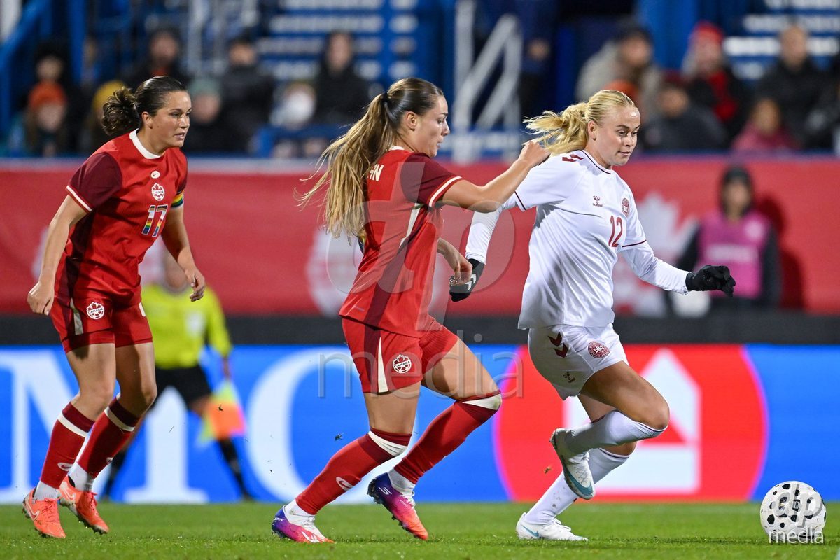 MONTREAL, CANADA - OCTOBER 9: Kathrine Kühl (Kuhl) of Denmark battles for the ball  during the International Women's Friendly football match between Canada and Denmark at Stade Saputo on October 9, 2026 in Montreal, Canada.