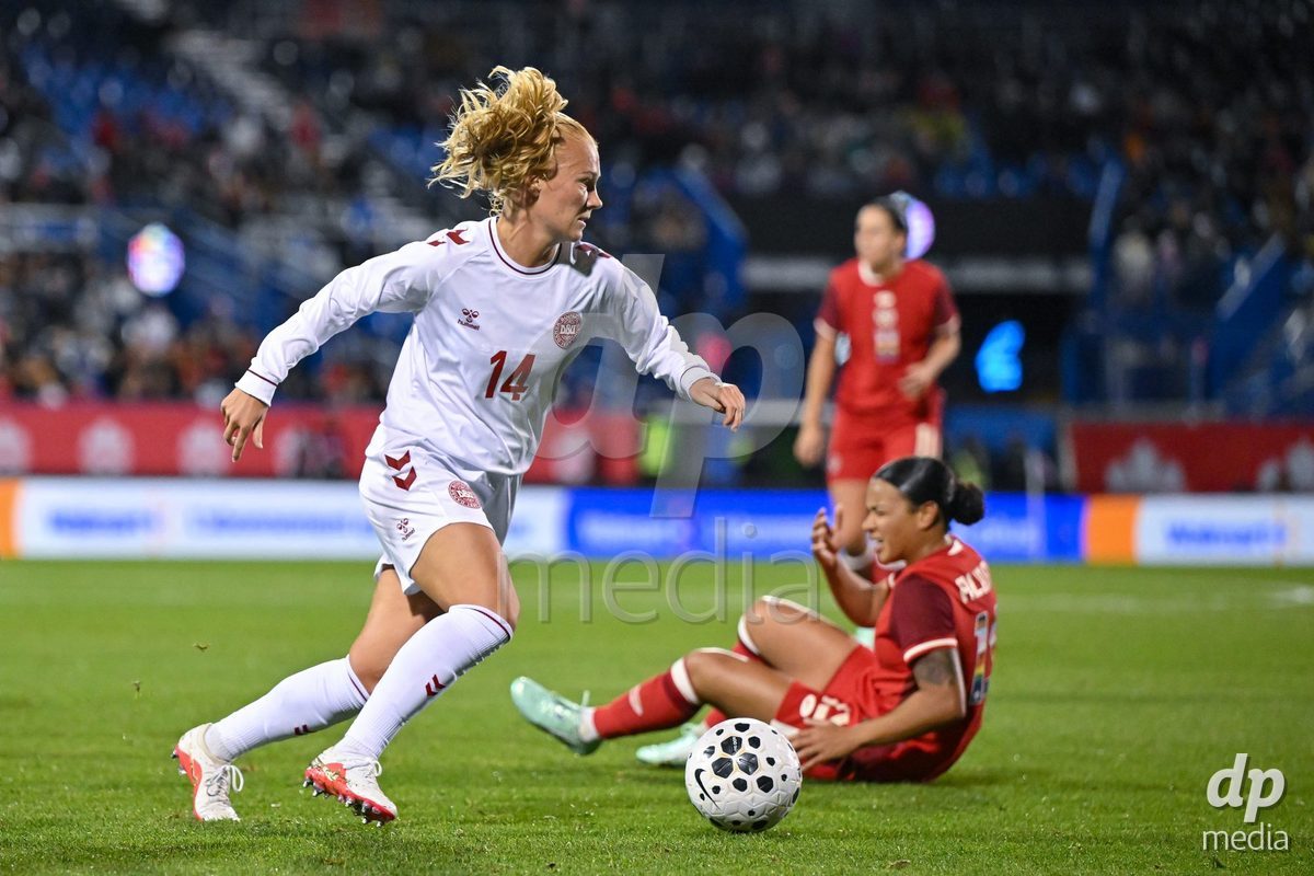 MONTREAL, CANADA - OCTOBER 9: Sofie Bredgaard of Denmark controls the ball during the International Women's Friendly football match between Canada and Denmark at Stade Saputo on October 9, 2026 in Montreal, Canada.