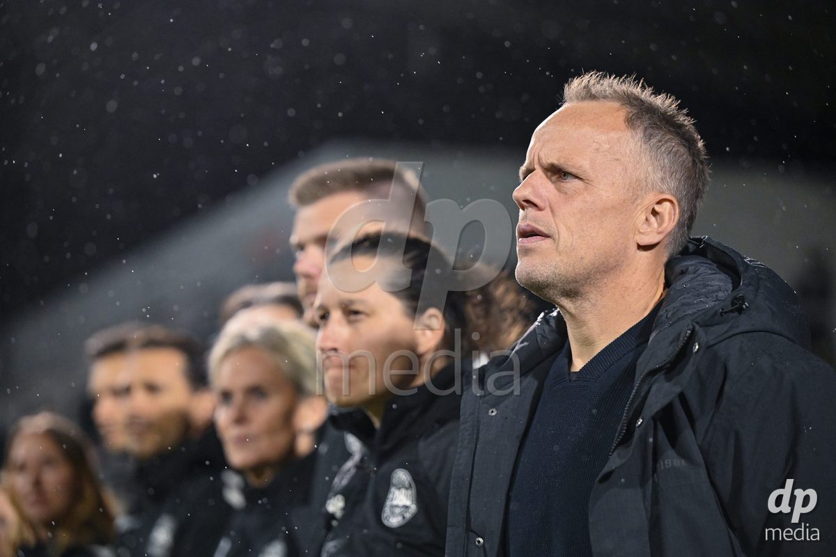 MONTREAL, CANADA - OCTOBER 9: Headcoach Jakob Michelsen of Denmark during the national anthem prior to the International Women's Friendly football match between Canada and Denmark at Stade Saputo on October 9, 2026 in Montreal, Canada.