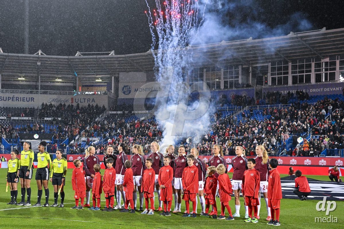 MONTREAL, CANADA - OCTOBER 9: Players of Denmark during the national anthem prior to to the International Women's Friendly football match between Canada and Denmark at Stade Saputo on October 9, 2026 in Montreal, Canada.
