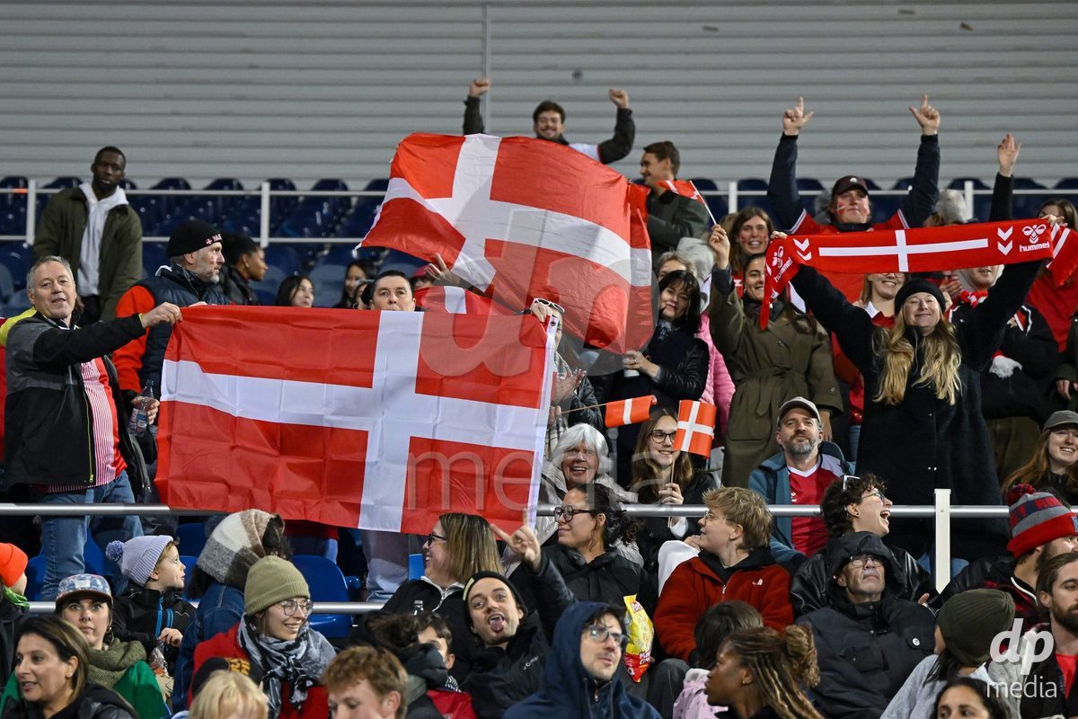MONTREAL, CANADA - OCTOBER 9: Fans of Denmark during the International Women's Friendly football match between Canada and Denmark at Stade Saputo on October 9, 2026 in Montreal, Canada.