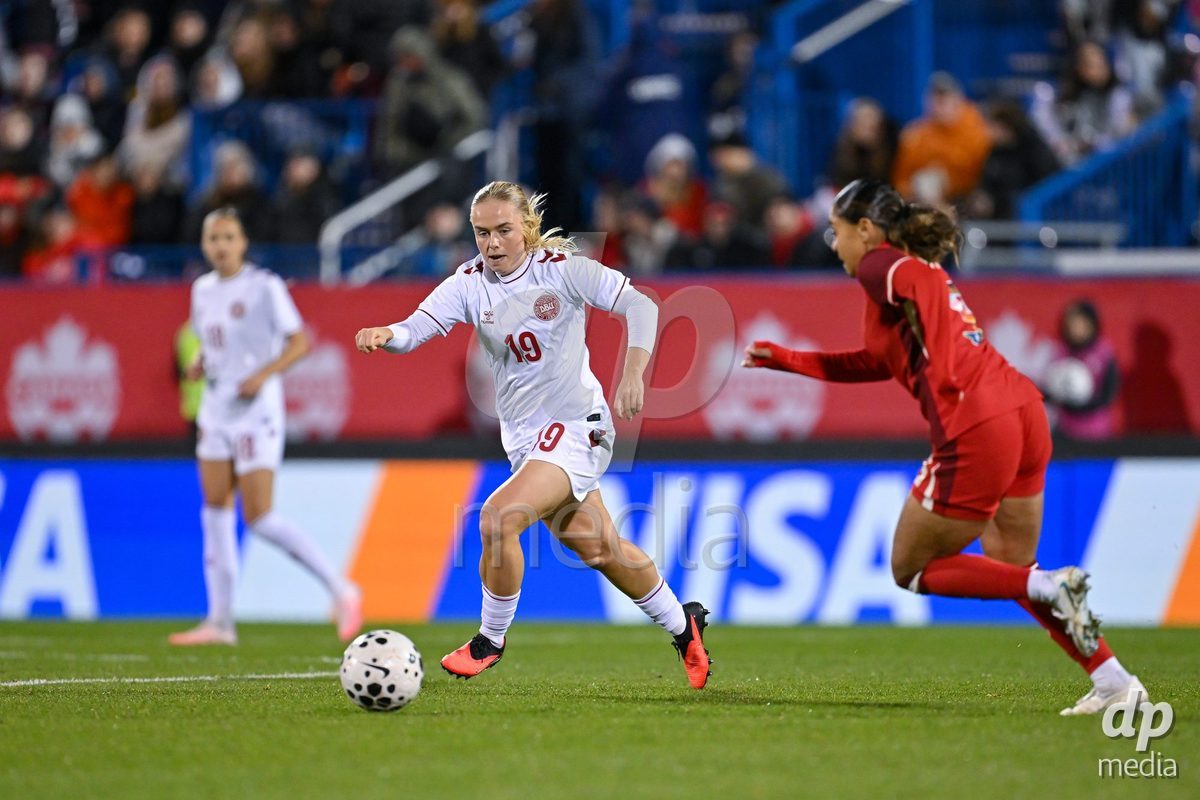 MONTREAL, CANADA - OCTOBER 9: Pernille Sanvig of Denmark controls the ball during the International Women's Friendly football match between Canada and Denmark at Stade Saputo on October 9, 2026 in Montreal, Canada.