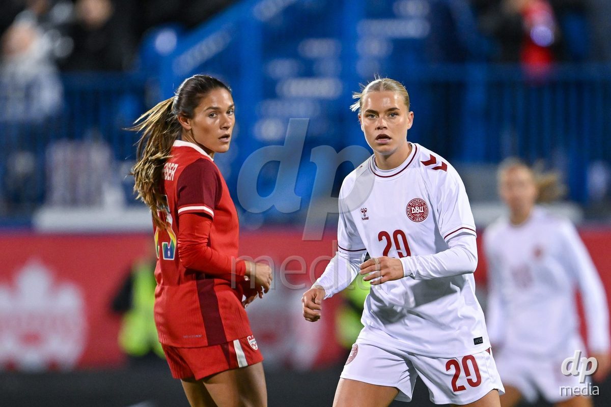 MONTREAL, CANADA - OCTOBER 9: Cornelia Kramer of Denmark (R) looks on during the International Women's Friendly football match between Canada and Denmark at Stade Saputo on October 9, 2026 in Montreal, Canada.