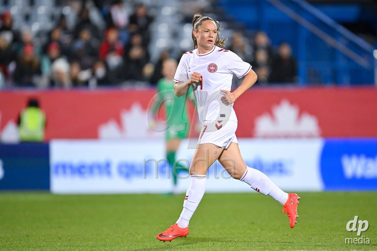 MONTREAL, CANADA - OCTOBER 9: Janni Thomsen of Denmark goes forward during the International Women's Friendly football match between Canada and Denmark at Stade Saputo on October 9, 2026 in Montreal, Canada.