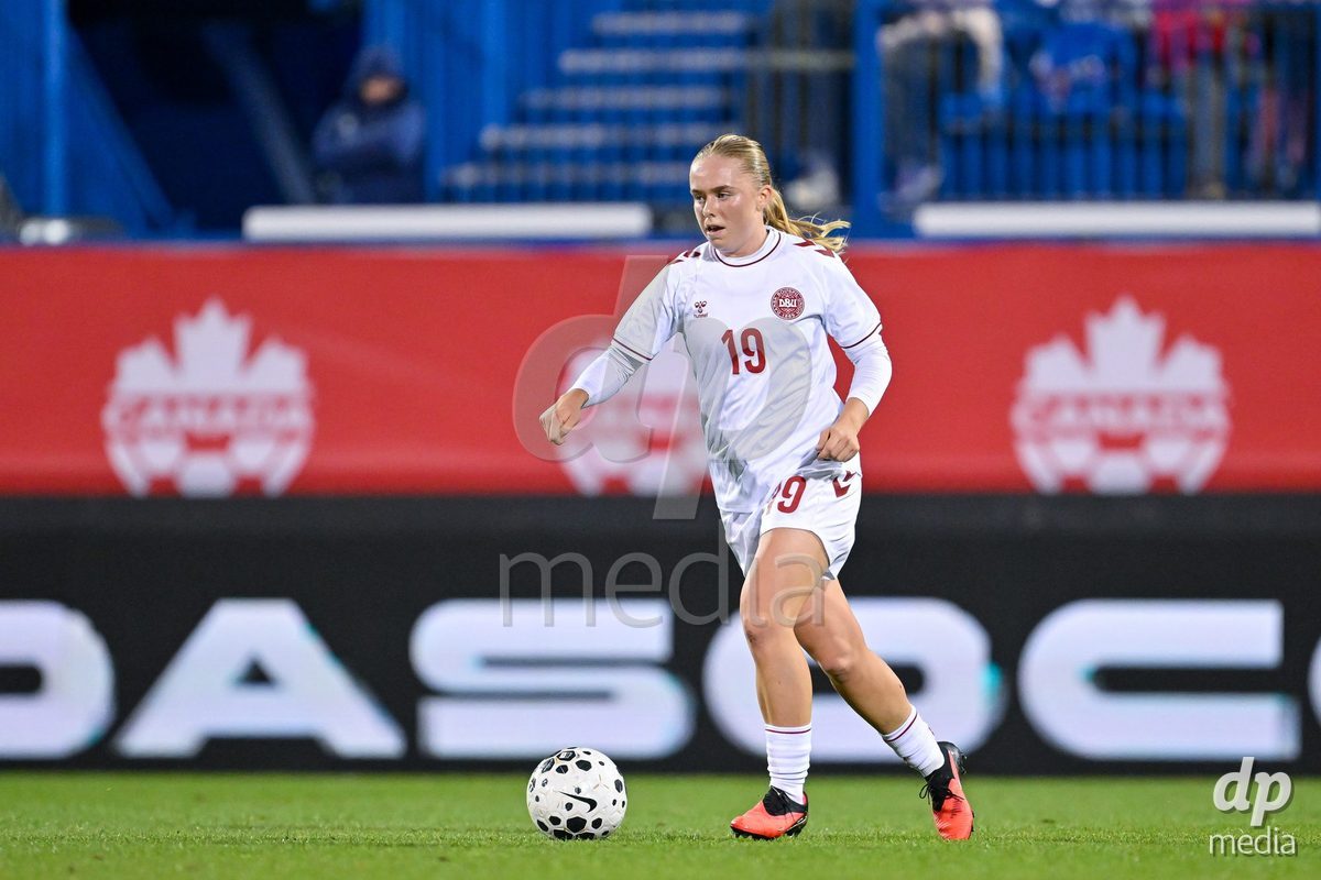 MONTREAL, CANADA - OCTOBER 9: Pernille Sanvig of Denmark controls the ball during the International Women's Friendly football match between Canada and Denmark at Stade Saputo on October 9, 2026 in Montreal, Canada.