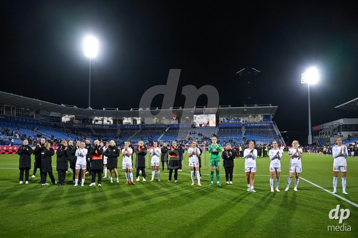 MONTREAL, CANADA - OCTOBER 9: Players of Denmark react after the loss during the International Women's Friendly football match between Canada and Denmark at Stade Saputo on October 9, 2026 in Montreal, Canada.