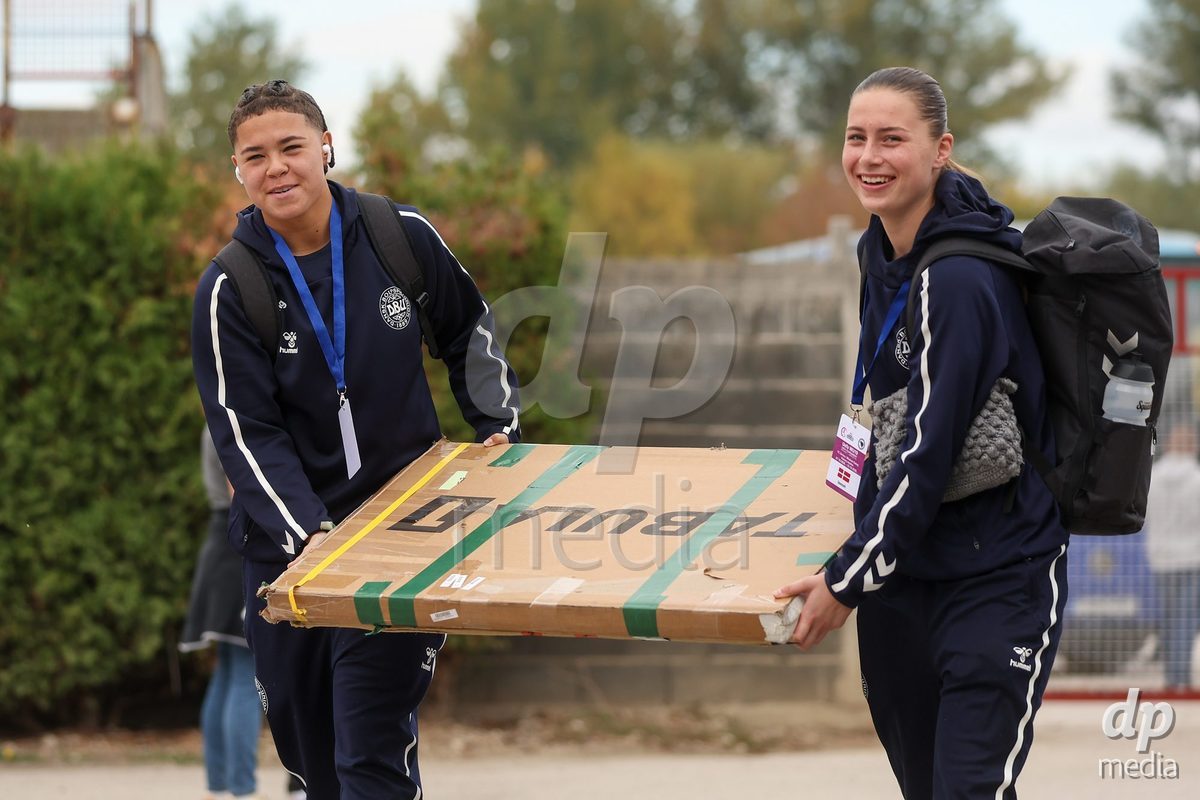 KAKANJ, BOSNIA AND HERZEGOVINA - OCTOBER 10: Thea Petersen of Denmark and Isabella Andersen of Denmark arrives at stadium before the UEFA Womens European Under-19 Qualifier match between Denmark and Bosnia and Herzegovina at Mladost Stadium on October 10, 2026 in Kakanj, Bosnia and Herzegovina. Photo: Armin Durgut/Pixsell/DP Media