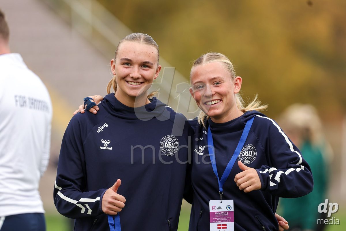 KAKANJ, BOSNIA AND HERZEGOVINA - OCTOBER 10: Nikoline Nielsen of Denmark and Astrid Engsig-Karup of Denmark pose for a photo before the UEFA Womens European Under-19 Qualifier match between Denmark and Bosnia and Herzegovina at Mladost Stadium on October 10, 2026 in Kakanj, Bosnia and Herzegovina. Photo: Armin Durgut/Pixsell/DP Media