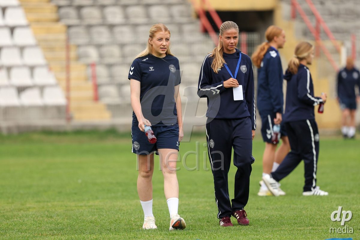 KAKANJ, BOSNIA AND HERZEGOVINA - OCTOBER 10: Asta Kynde of Denmark and Josephine Behrmann Lamp of Denmark inspects the pitch prior to the UEFA Womens European Under-19 Qualifier match between Denmark and Bosnia and Herzegovina at Mladost Stadium on October 10, 2026 in Kakanj, Bosnia and Herzegovina. Photo: Armin Durgut/Pixsell/DP Media